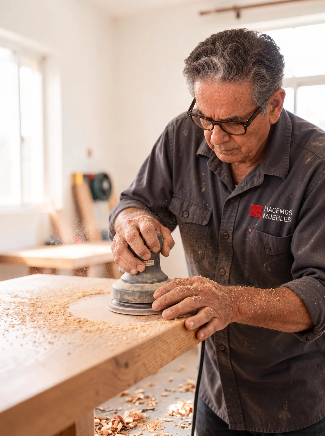 Carpintero lijando una pieza de madera para su acabado
